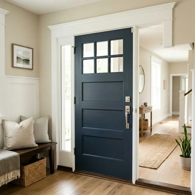 Interior view of newly installed entry door with finished trim