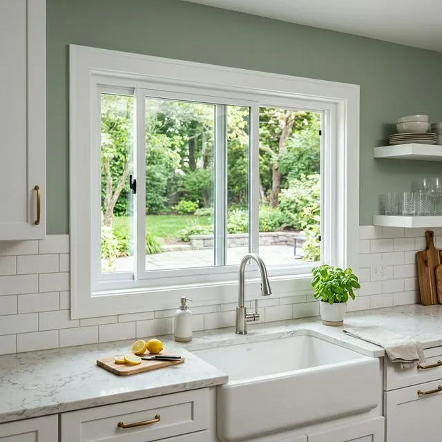 Kitchen slider window replacement with finished interior trim