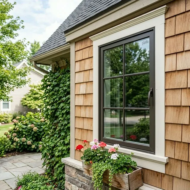 Pella casement window installed on home exterior