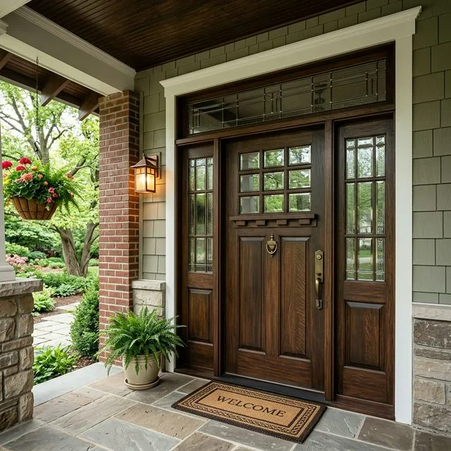 Craftsman-style wood entry door with sidelights and transom on front porch