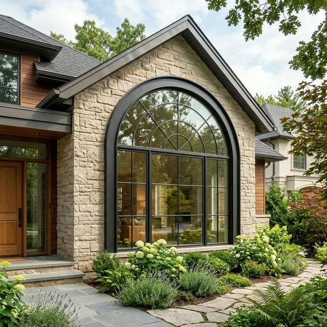 Large modern window with decorative arch installed on Boise home