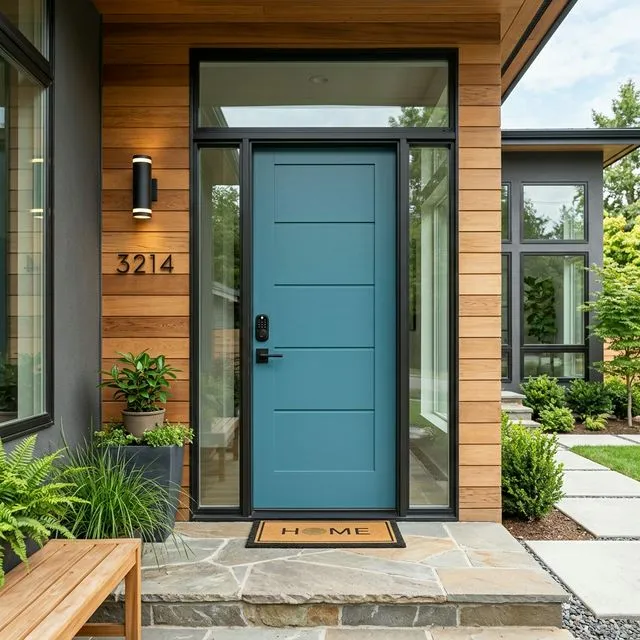 Modern teal five-panel entry door with smart lock installed by Alta Home Pros